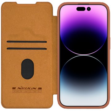 slomart usnjen ovitek s pokrovom za kamero za iphone 15 pro max nillkin qin pro leather - brown