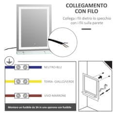 KLEANKIN Kleankin Kopalniško ogledalo LED luči, steklena polica s stikalom na dotik in orodjem za montažo na steno 70x50cm