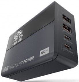 Newell GaN Tech T-Power napajalnik, 100 W, 2xUSB-A, 2xUSB-C