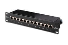 Digitus CAT 5e, razred D, patch panel, zaščiten, 12 RJ45 8P8C priključkov, LSA, 1U, 254 mm (10"), za montažo v omaro, črn