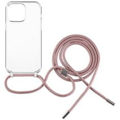 FIXED Krovček za mobilni telefon Fixed Pure Neck z roza vrvico za vrat za Apple iPhone 14 Pro - prozoren