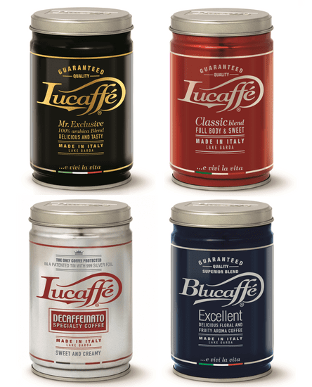 Lucaffé Mleta kava, Paket za degustacijo: Blucaffé, Mr. Exclusive, Decaffeinato Specialty, Classic, 4x 250 g, v pločevinki