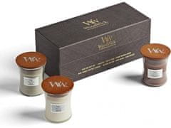 Woodwick Woody set 3x majhna dišeča sveča z lesenim krakom 3x 85 g