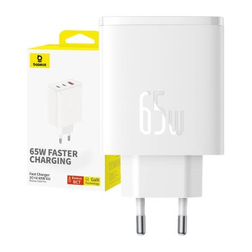 BASEUS omrežni polnilnik os-cube pro 2xusb-c + usb, 65w (bela)
