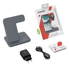 Canyon Brezžični polnilnik WS-303DG,3v1,9V/2A,12V/2A,15/10/7,5/5W izhod, USB-C &gt; USB-A, vkl. AC adapter, siva