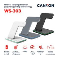 Canyon Brezžični polnilnik WS-303DG,3v1,9V/2A,12V/2A,15/10/7,5/5W izhod, USB-C > USB-A, vkl. AC adapter, siva