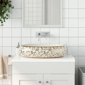 Vidaxl vidaXL Umivalnik za pult bel in zlat ovalen 59x40x15 cm