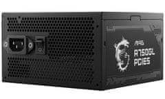 MSI napajalnik MAG A750GL PCIE5/ 750W/ ATX3.1/ akt. PFC/ 7 let polne garancije/ 120mm ventilator/ modularna napeljava/ 80PLUS Gold