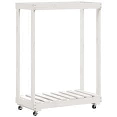 Vidaxl Držalo za polena s kolesi belo 76,5x40x108 cm trdna borovina