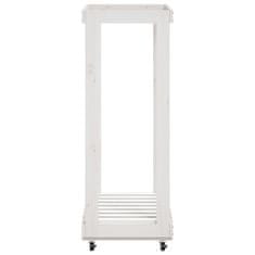 Vidaxl Držalo za polena s kolesi belo 76,5x40x108 cm trdna borovina