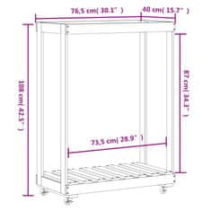 Vidaxl Držalo za polena s kolesi 76,5x40x108 cm trdna borovina