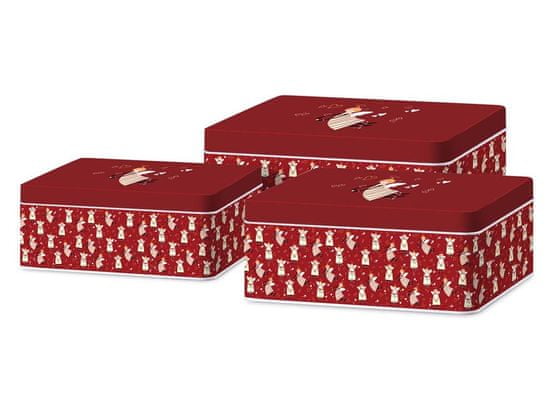 Kovinska škatla 3 kosi 210x210x83/180x180x75/150x150x70mm kvadratna HOLIDAY SPIRIT, rdeča, smetana