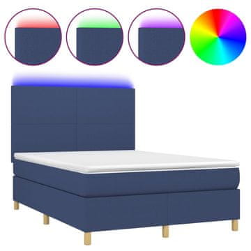 Vidaxl Box spring postelja z vzmetnico LED modra 140x190 cm blago