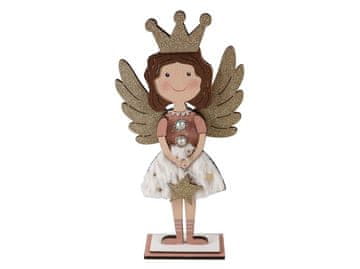 Lesena dekoracija 80×230mm Angel na stojalu, naravni z bleščicami, barvni