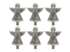 Lesena dekoracija 6 kosov 42x60mm angelčkov na žebljičku z bleščicami, bela, srebrna