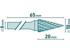 Extol Industrial Rezkalo iz karbidne trdine, stožčasto-piramida, pr.10x20mm/stopka 6mm,sek srednje (dvojno rezano)