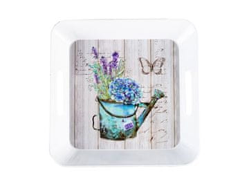 Pločevinasti pladenj kvadratne oblike z zalivalko z barvnimi cvetovi 285x282x40mm