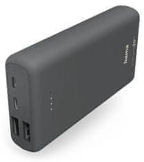 Hama powerbank Supreme 20HD, 20000 mAh, 3 A, 3 izhodi: 1x USB-C, 2x USB-A, vhod micro USB/USB-C, siva