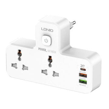 slomart napajalnik ldnio sc2311 z 2 izmeničnima vtičnicama, 2usb, usb-c, 2500 W z nočno lučjo, eu/us (bela)