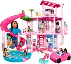 Mattel BARBIE - Dream Villa, hišica za punčke Pool Party z več kot 75 kosi in toboganom v 3 nadstropjih, dvigalom za hišne ljubljenčke in igralnimi površinami za kužke, za otroke od 3 let, HMX10