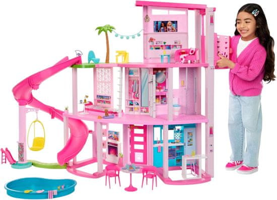 Mattel BARBIE - Dream Villa, hišica za punčke Pool Party z več kot 75 kosi in toboganom v 3 nadstropjih, dvigalom za hišne ljubljenčke in igralnimi površinami za kužke, za otroke od 3 let, HMX10