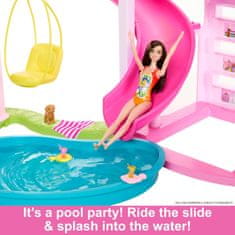 Mattel BARBIE - Dream Villa, hišica za punčke Pool Party z več kot 75 kosi in toboganom v 3 nadstropjih, dvigalom za hišne ljubljenčke in igralnimi površinami za kužke, za otroke od 3 let, HMX10