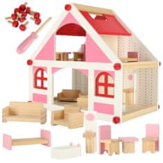 WOWO Montessori lesena hišica za punčke - Montessori lesena hišica za punčke s pohištvom, roza, 36 cm