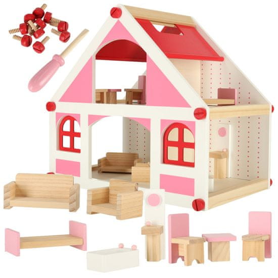 WOWO Montessori lesena hišica za punčke - Montessori lesena hišica za punčke s pohištvom, roza, 36 cm