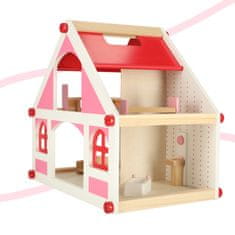 WOWO Montessori lesena hišica za punčke - Montessori lesena hišica za punčke s pohištvom, roza, 36 cm
