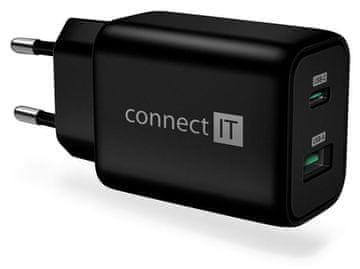 Connect IT Wanderer2 GaN polnilni adapter 1×USB-C + 1xUSB-A, 33W PD, ČERNA
