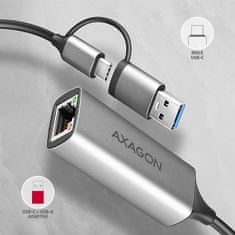 AXAGON ADE-TXCA, USB-C + USB-A 3.2 Gen 1 - Gigabitna Ethernet omrežna kartica, Asix AX88179, samodejna namestitev
