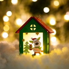 Family Božična LED dekor hiška - topla bela - les - 2 vrsti - 7,5 x 9,5 x 5,5 cm