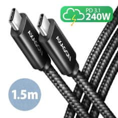 AXAGON bucm2-cm15ab kabel usb-c - usb-c, 1,5 m 5a polnjenje, aluminij, 240w pd, oplot, usb2.0