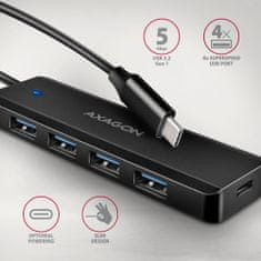 AXAGON hue-c1c 4-portno vozlišče USB 5 Gb/s, vhod za napajanje USB-C, kabel tipa C 19 cm, dodatno napajanje USB-C