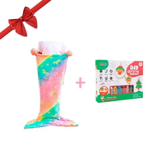 Netscroll Komplet 2v1, otroška odeja v obliki repa morske deklice, ki se sveti v temi + božični set za ustvarjanje obeskov, otroška odeja+set za slikanje s kristali in izdelovanje obeskov, Mermaid ArtCraft