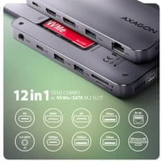 AXAGON hmc-12gm2 vozlišče usb 12 in1 10gbps, 3x usb-a, usb-c, hdmi, dp, rj-45, m.2, sd/msd, audio, pd