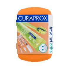 Curaprox Travel Ortho Orange Set zložljiva zobna ščetka CS 5460 Ortho 1 kos + zobna pasta Be You Explorer Apple & Aloe 10 ml + držalo za medzobne ščetke 1 kos + medzobna ščetka 3 kos