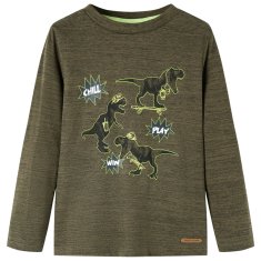 Greatstore Otroška majica z dolgimi rokavi potisk dinozavrov temno kaki melanž 92