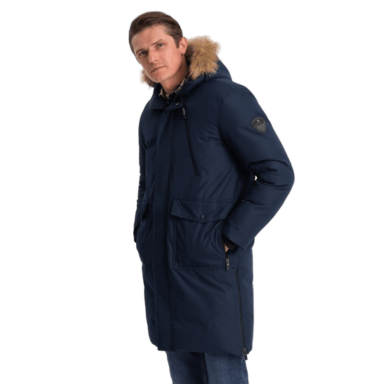 OMBRE Moška zimska bunda s snemljivo krzneno kapuco ALASKAN temno modra MDN124178