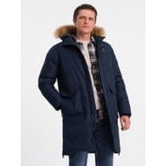 OMBRE Moška zimska bunda s snemljivo krzneno kapuco ALASKAN temno modra MDN124178 XXL