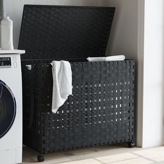 Vidaxl Košara za perilo s kolesi črna 66x35x60 cm ratan