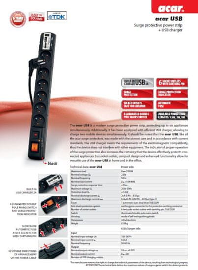 ACAR USB 3m kabel 6 vtičnic 2xUSB zaščita pred izklopom črna