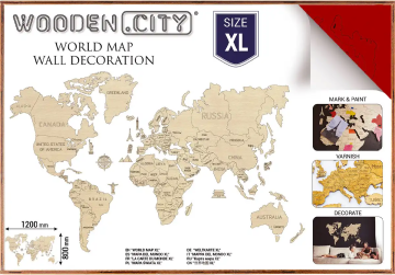 Wooden city Leseni zemljevid sveta velikosti XL (120x80cm), rdeč