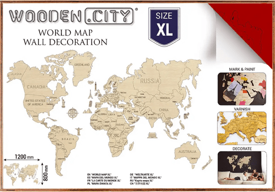 Wooden city Leseni zemljevid sveta velikosti XL (120x80cm), rdeč