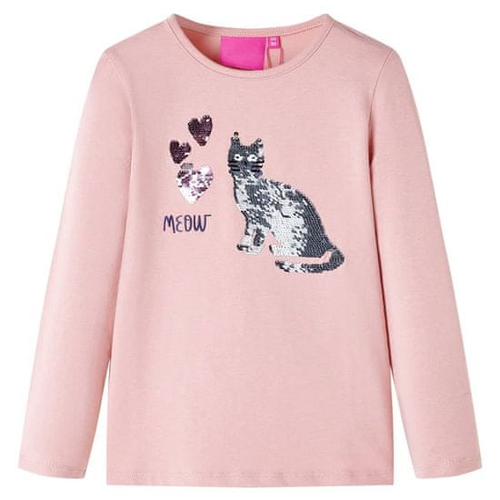 Greatstore Otroška majica z dolgimi rokavi motiv mačka iz bleščic svetlo roza 92