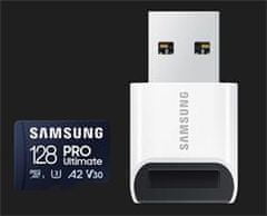 Samsung Spominska kartica 128GB PRO Ultimate CL10 Micro SDXC Grade 3 (no/z: do 200/130MBs) + adapter USB
