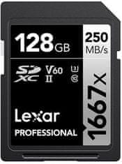 Lexar 128GB Professional 1667x SDXC UHS-II pomnilniška kartica, branje/pisanje: 250/120MB/s, C10 V60 U3