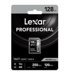 Lexar 128GB Professional 1667x SDXC UHS-II pomnilniška kartica, branje/pisanje: 250/120MB/s, C10 V60 U3