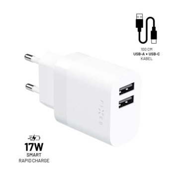 FIXED Komplet polnilnika z izhodom 2xUSB in kablom USB/USB-C, 1 meter, 17W Smart Rapid Charge, bel