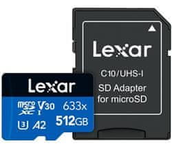 Lexar 512 GB visoko zmogljivega 633x microSDXC UHS-I (branje/pisanje: 100/70 MB/s) C10 A2 V30 U + adapter